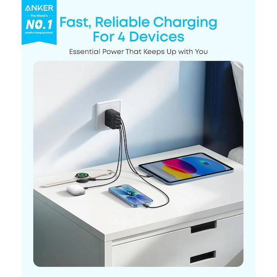 Anker Φορτιστής Χωρίς Καλώδιο με 2 Θύρες USB-A και 2 Θύρες USB-C και Καλώδιο USB-C 50W Power Delivery / Quick Charge 3.0 Μαύρος (Zolo)