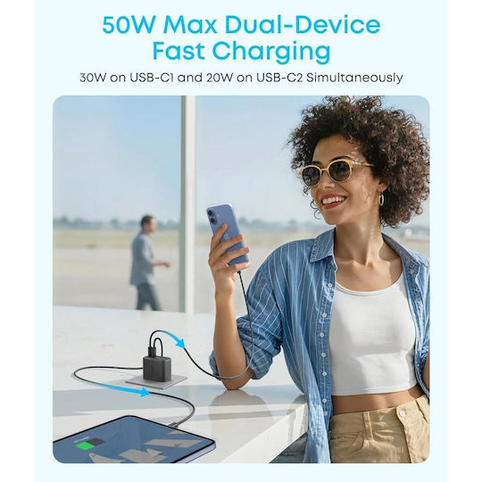 Anker Φορτιστής Χωρίς Καλώδιο με 2 Θύρες USB-A και 2 Θύρες USB-C και Καλώδιο USB-C 50W Power Delivery / Quick Charge 3.0 Μαύρος (Zolo)
