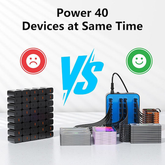 База за Зареждане с 20 USB-A Изходни Порта и 20 USB-C Изходни Порта 400W Power Delivery / Quick Charge 3.0 в Син Цвят (A-075)