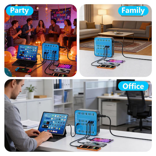 База за Зареждане с 20 USB-A Изходни Порта и 20 USB-C Изходни Порта 400W Power Delivery / Quick Charge 3.0 в Син Цвят (A-075)