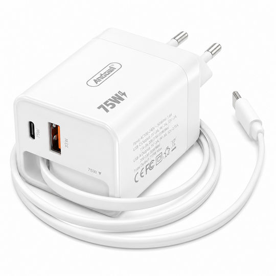 Andowl Φορτιστής με Θύρα USB-A και Θύρα USB-C και Καλώδιο USB-C 75W Power Delivery Λευκός (Q-CD09)