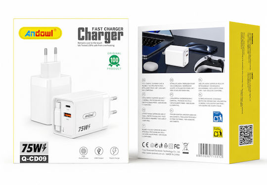Andowl Φορτιστής με Θύρα USB-A και Θύρα USB-C και Καλώδιο USB-C 75W Power Delivery Λευκός (Q-CD09)