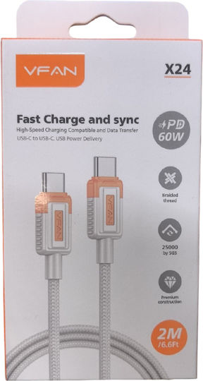 Vipfan USB 2.0 USB-C Male To USB-C 60W PD Cable White 2m