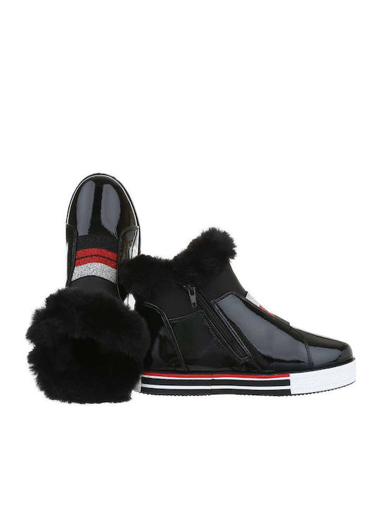 Women's Patent Leather Ankle Boots with Fur Black G-Boots-008-GE47(SG612)-14