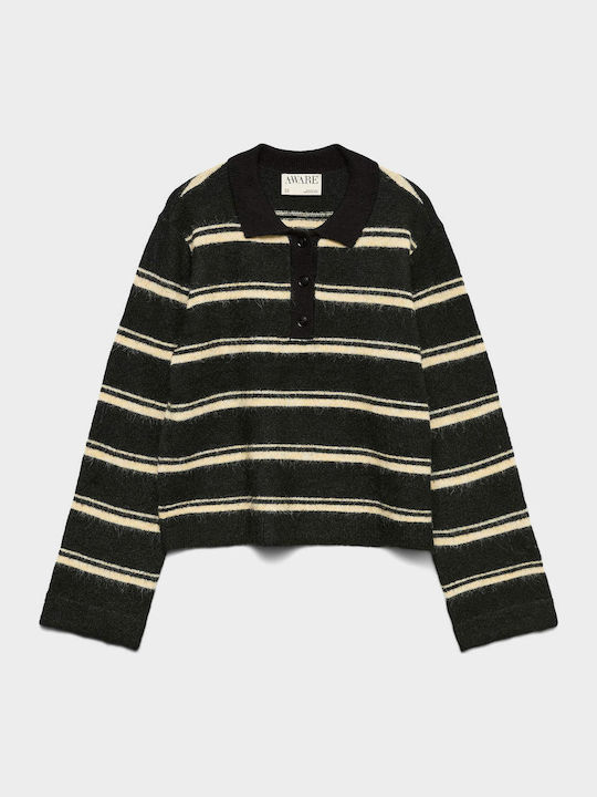 Aware Γυναικεία Polo Μπλούζα Μακρυμάνικη Ριγέ Black