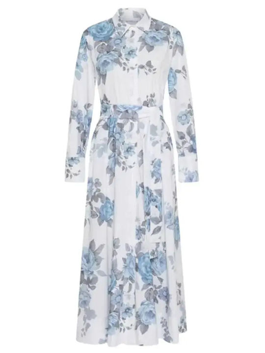 Summer Midi Shirt Dress Long Sleeve Light Blue