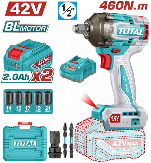 Total TIWLI42462E Безчетков Гайковерт На Батерия 42V 2x2Ah с Гнездо 1/2"