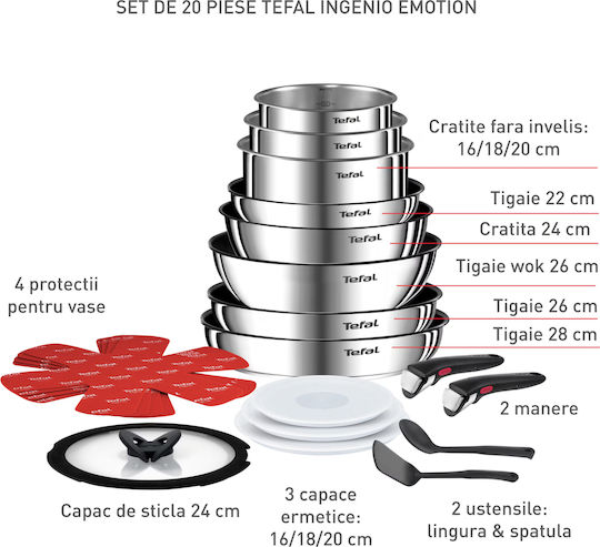 Tefal Ingenio Emotion Комплект съдове за готвене от Неръждаема стомана с Незалепващо Покритие 20 части