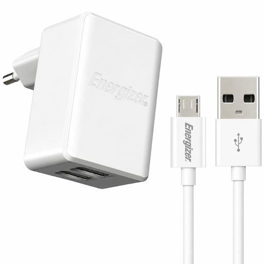 Energizer Φορτιστής με 2 Θύρες USB-A και Καλώδιο micro USB Λευκός (ACW2CEUUMC3)