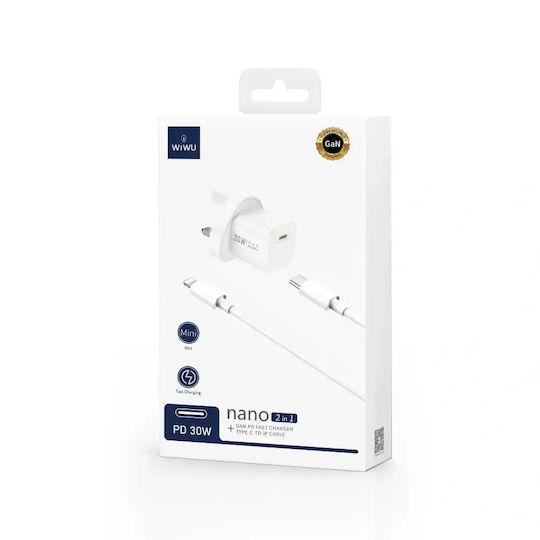 Wiwu Charger GaN with USB-C Port and Cable USB-C - USB-C 30W Whites (U008)