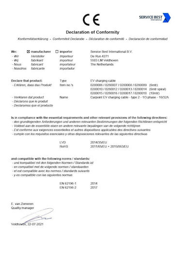 Carpoint Кабел за зареждане на електромобил Еднофазен 6м Тип 2 - Тип 2 0280006