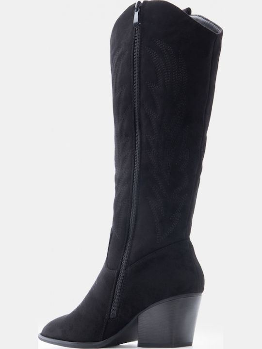Suede Women's Cowboy Boots with Mid Heel Black