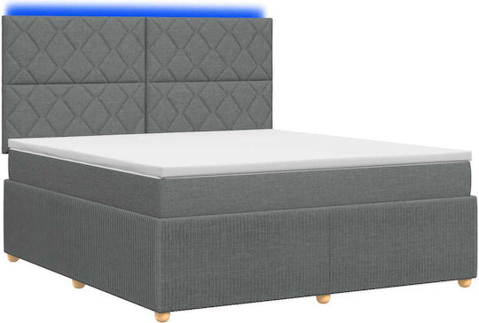Pat King Size Tapițat cu Material Gri Închis cu Plăci și Saltea 190x190cm