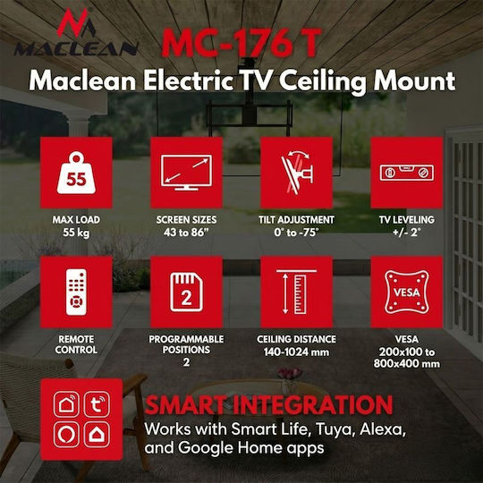 Maclean Energy MC-176 T Βάση Τηλεόρασης Οροφής έως 86" και 55kg Μαύρο