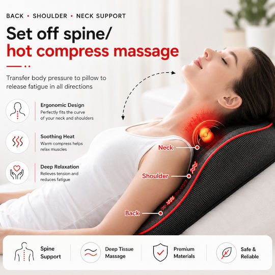Pernă de Masaj Shiatsu pentru Spate, Picioare și Corp cu Vibrație și Funcție de Încălzire Neagră