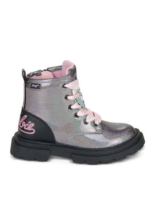 Kinderstiefel aus Lackleder mit Schnürsenkeln Silber