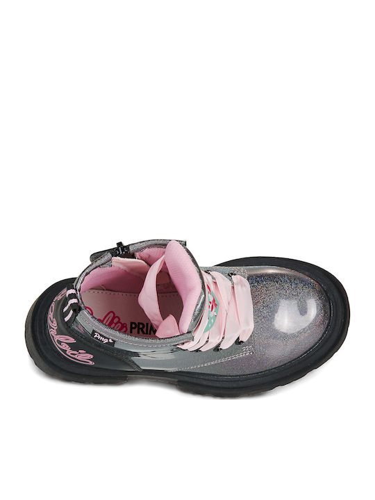 Kinderstiefel aus Lackleder mit Schnürsenkeln Silber