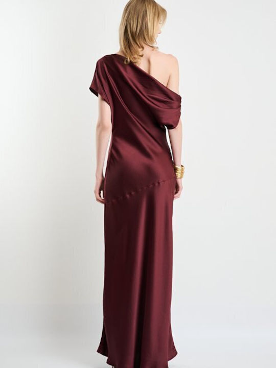 Summer Maxi Evening Satin Drape Dress Burgundy