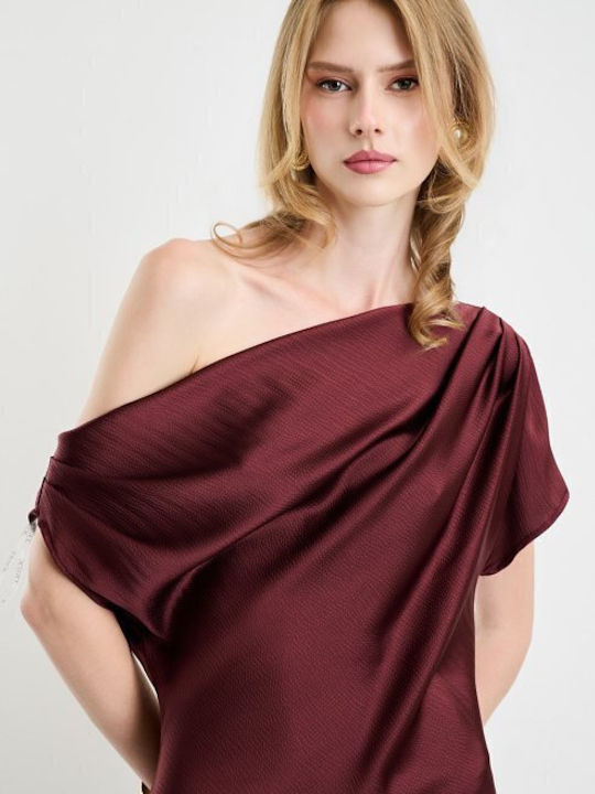 Summer Maxi Evening Satin Drape Dress Burgundy