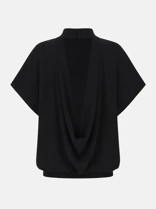 Bluza Damă Bumbac Mâneci Scurte Cu Guler Înalt Negru