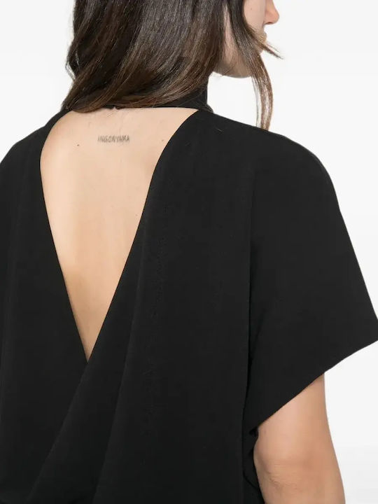 Bluza Damă Bumbac Mâneci Scurte Cu Guler Înalt Negru