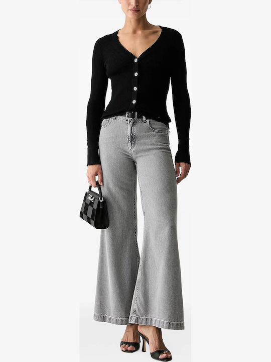 Long Women's Knitted Cardigan with Buttons Black