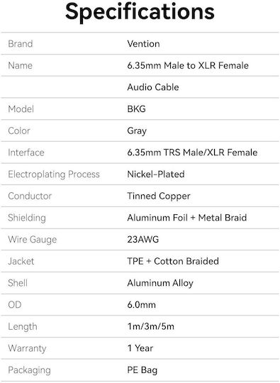 Vention Audio 6.3mm To Xlr M-f Cable Braided-metal 1.0m Bkghf