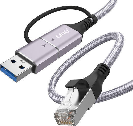 Linq RJ45 Ethernet кабел към USB-C USB 3.0 2 м високоскоростна мрежова връзка сив