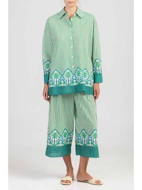 Long Sleeve Women's Cotton Shirt Green Striped