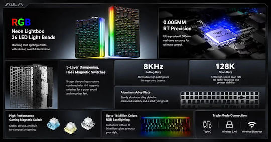 Aula Hero 75 He Wireless Gaming Mechanical Keyboard 75% with Magnetic Switches English US