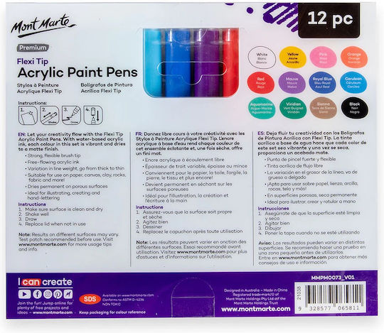 Mont Marte Markere Vibrante De Culoare Full Face Acrilice Subțiri 1mm Set 12 Bucăți