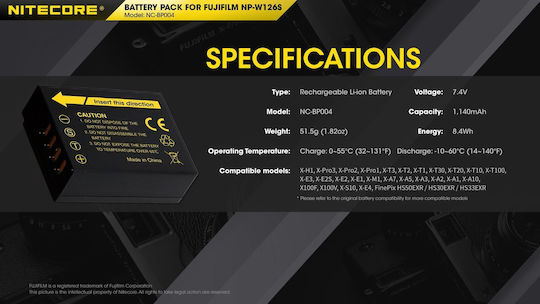NiteCore Kamera Batterie NC-BP004 9060100880 Lithium-Ionen (Li-Ion) Kompatibel mit Fujifilm