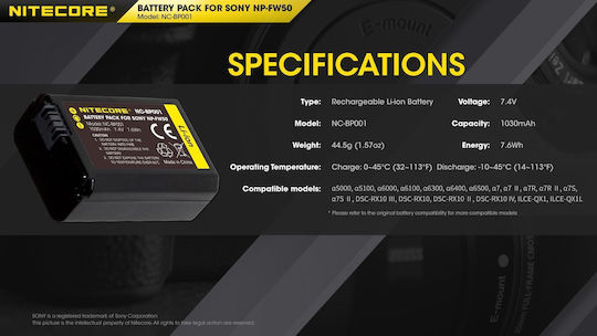 NiteCore Camera Battery NP-FW50 Lithium Ion (Li-Ion) 1030mAh Compatible with Sony