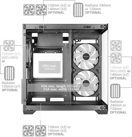 Mars Gaming MC-VIEW3 Gaming Micro Tower Computer Case with Side Window and RGB Lighting Black
