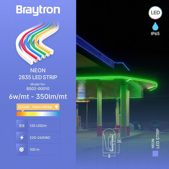 Braytron Waterproof LED Strip 220V Warm White Light Neon Flex