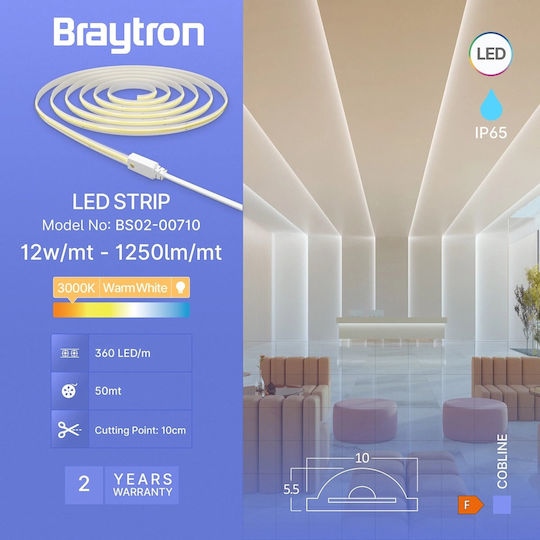 Braytron Rezistent la apă Bandă LED 220V Alb Cald Lumină Tip COB