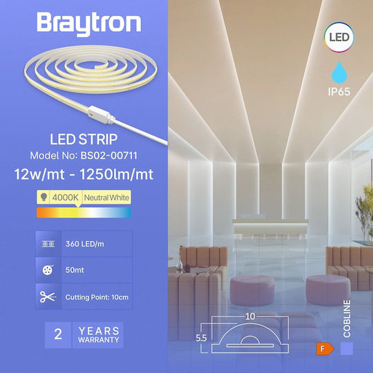 Braytron Αδιάβροχη Ταινία LED 220V Φυσικό Λευκό Φως Τύπου COB