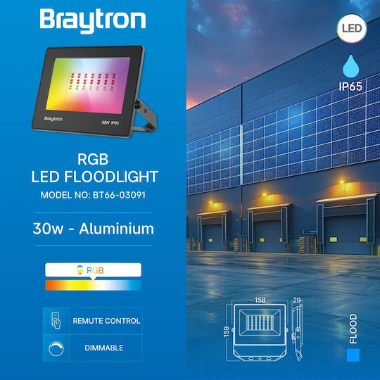Braytron Στεγανός Προβολέας LED 30W RGB με Τηλεχειριστήριο IP65