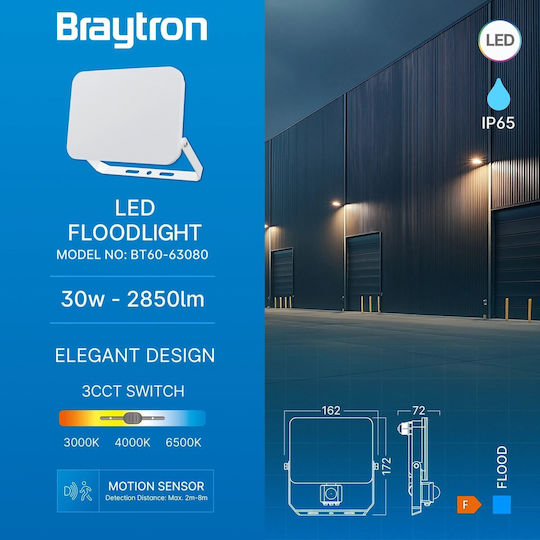 Braytron Στεγανός Προβολέας LED 30W Ρυθμιζόμενο Λευκό IP65