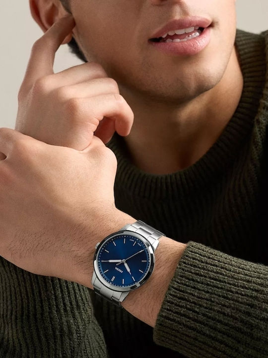 Fossil Minimalist Ανδρικό Ρολόι 44mm Μπαταρίας με Ασημί Ατσάλινο Μπρασελέ