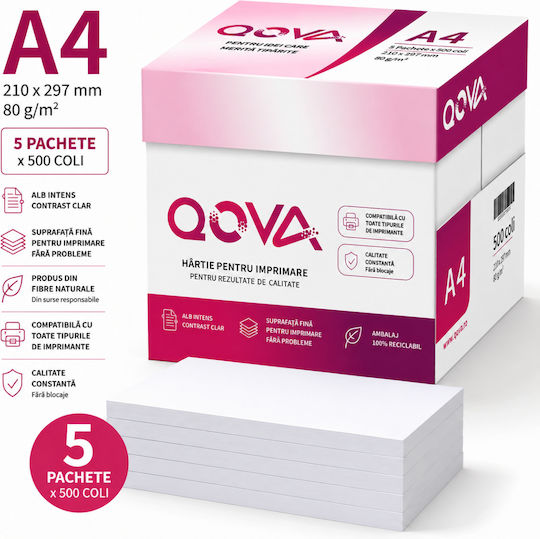 Qova Hârtie Pentru Imprimare A4 80 G/m² 5 Topuri Cutie 500 Foi Top 210 X 297 Mm Hârtie Albă Imprimantă Inkjet Laser Universal Cutie/5 Topuri