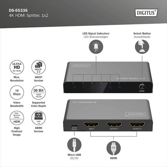 Digitus HDMI Splitter 1 Input to 2 Output Ds-55336