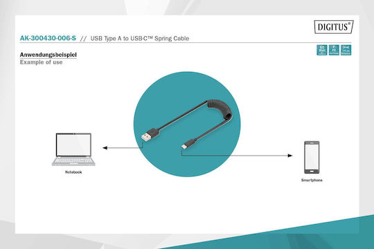 Digitus Spiral USB 2.0 Cable USB-C Male - USB-A 60W PD Black 1m AK-300430-006-S