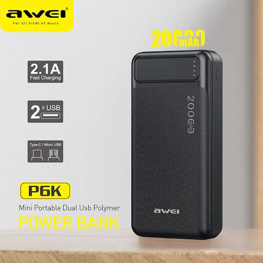 Awei P6K Power Bank 20000mAh με 2 Θύρες USB-A Power Delivery Μαύρο