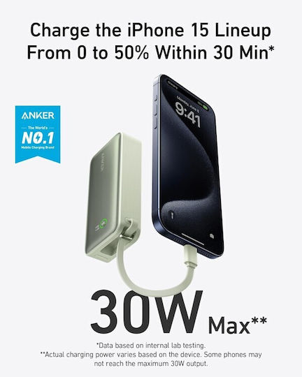 Anker Nano 545 Power Bank 10000mAh 30W με Θύρα USB-A και Θύρα USB-C Power Delivery / Quick Charge Πράσινο
