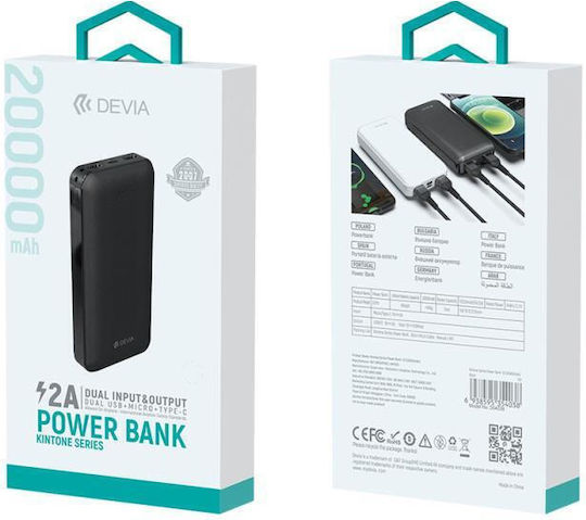 Devia EP111 Power Bank 20000mAh mit 2 USB-A Anschlüssen und USB-C Anschluss Schwarz