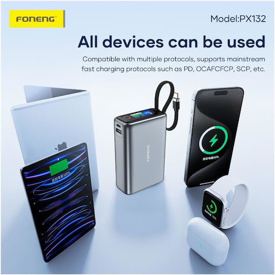 Foneng PX132 Power Bank 20000mAh 65W με Θύρα USB-A και Θύρα USB-C Power Delivery Γκρι