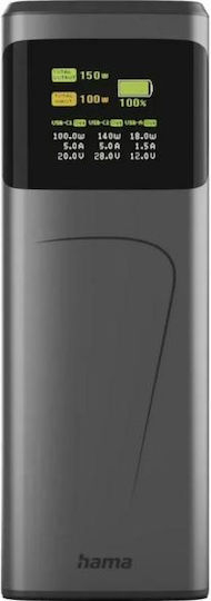 HAMA Висока Мощност 24000mAh 150W с USB-A Изходен Порт и 2 USB-C Изходни Порта Power Delivery / Бързо Зареждане Сива