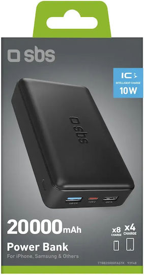 SBS Fast Power Bank 20000mAh με 2 Θύρες USB-A Μαύρο