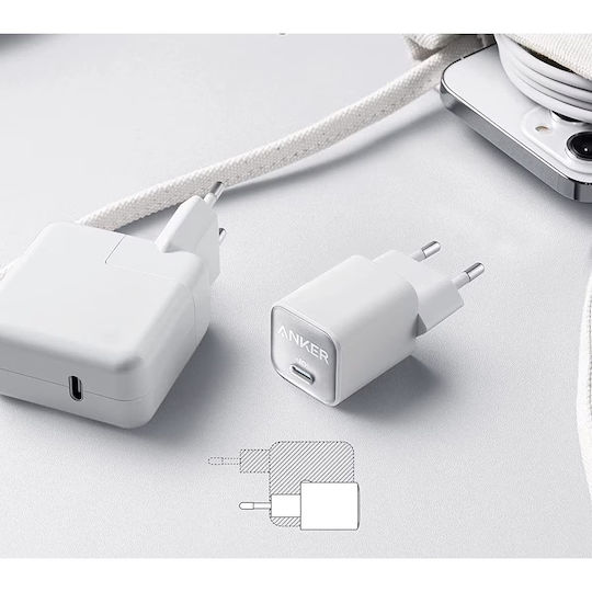Anker Φορτιστής Χωρίς Καλώδιο GaN με Θύρα USB-C 30W Power Delivery Λευκός (Nano III)